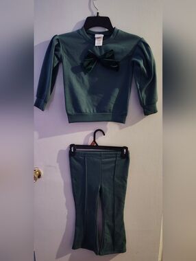 Girls Emerald Green Knit Leggings Set with Bow Detail - Unbranded